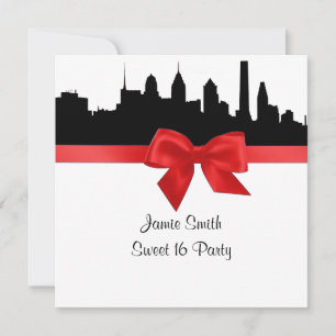 Philadelphia Skyline Silhouette Red Sweet Sixteen Invitation