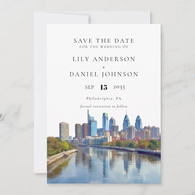 Philadelphia Skyline Watercolor Elegant Wedding Save The Date (Front)