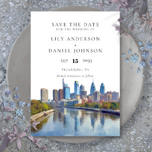 Philadelphia Skyline Watercolor Elegant Wedding Save The Date