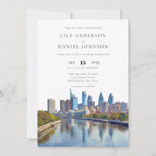 Philadelphia Skyline Watercolor QR Code Wedding Invitation