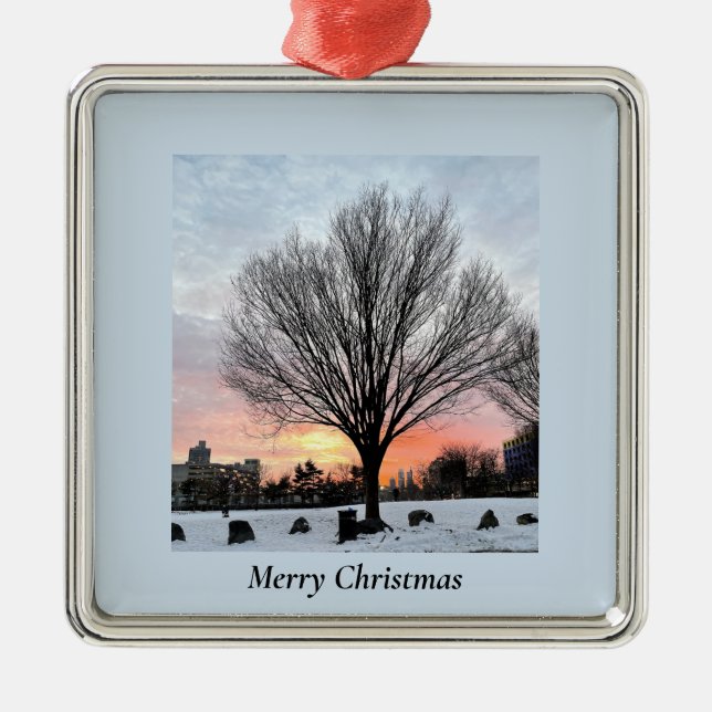 Philadelphia Snowy Sunset with Tree Ornament (Front)