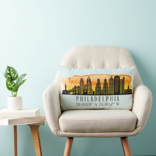 Philadelphia Sunset Skyline Map Coordinates  Lumbar Cushion