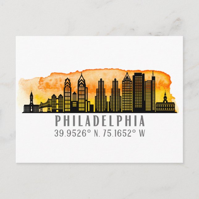 Philadelphia Sunset Skyline Map Coordinates Postcard (Front)