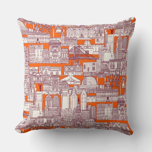 Philadelphia toile hot orange claret cushion (Front)