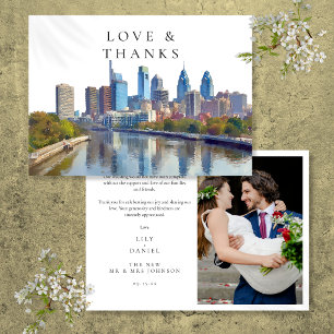 Philadelphia Watercolor Wedding Photo Thank You Card