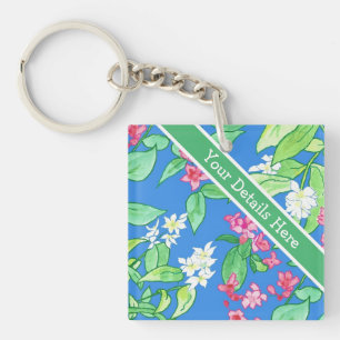 Philadelphus and Weigela Spring Blossoms on Blue Key Ring