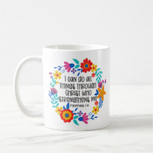 Philippians 4:13 Bible Scripture Folk Art Floral Coffee Mug