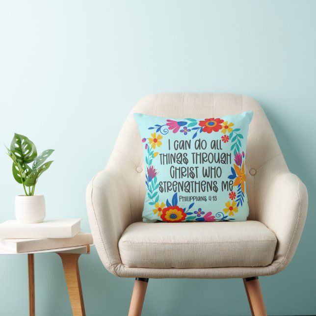 Philippians 4:13 Bible Scripture Folk Art Floral Cushion (Chair)