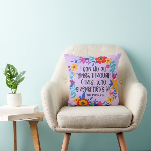 Philippians 4:13 Bible Scripture Folk Art Floral Cushion (Chair)