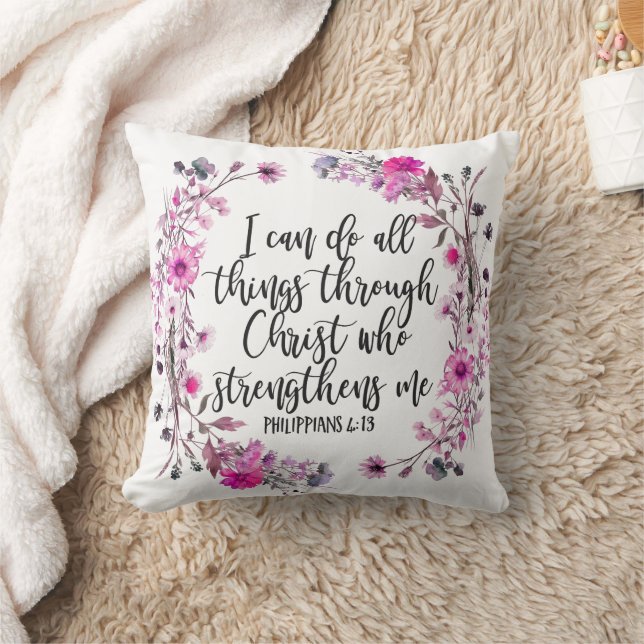 Philippians 4:13 Bible Scripture Pink and Purple Cushion (Blanket)