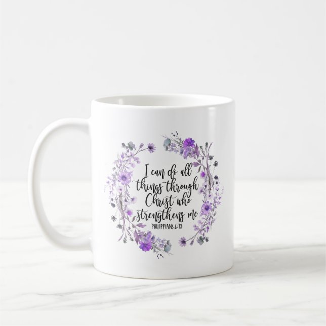 Philippians 4:13 Bible Scripture Purple Lavender Coffee Mug (Left)