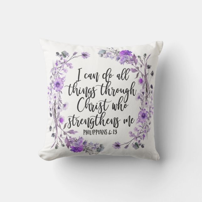 Philippians 4:13 Bible Scripture Purple Lavender Cushion (Front)