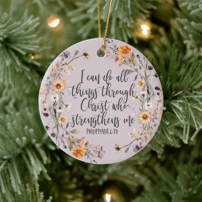 Philippians 4:13 Bible Scripture Verse Floral Boho Ceramic Ornament (Tree)