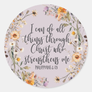 Philippians 4:13 Bible Scripture Verse Floral Boho Classic Round Sticker