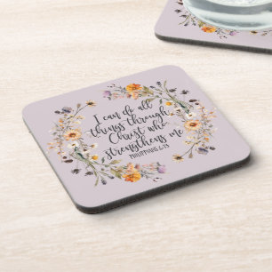 Philippians 4:13 Bible Scripture Verse Floral Boho Coaster