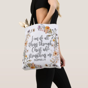 Philippians 4:13 Bible Scripture Verse Floral Boho Tote Bag