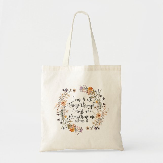 Philippians 4:13 Bible Scripture Verse Floral Boho Tote Bag (Front)
