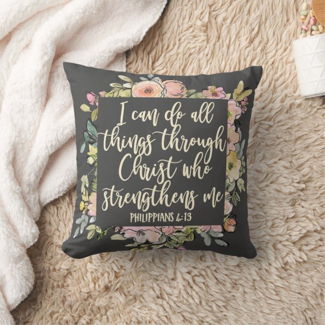 Philippians 4:13 Bible Verse Pretty Pastel Floral Cushion (Blanket)