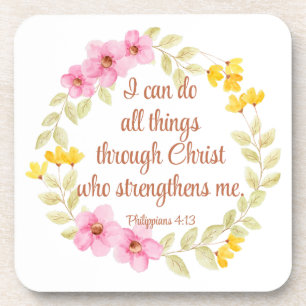 Philippians 4:13 Pink and Yellow Floral Scripture Coaster