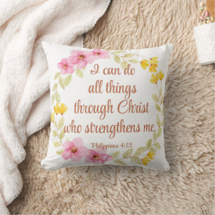 Philippians 4:13 Pink and Yellow Floral Scripture Cushion
