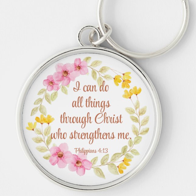 Philippians 4:13 Pink and Yellow Floral Scripture Key Ring (Front)