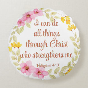 Philippians 4:13 Pink and Yellow Floral Scripture Round Cushion