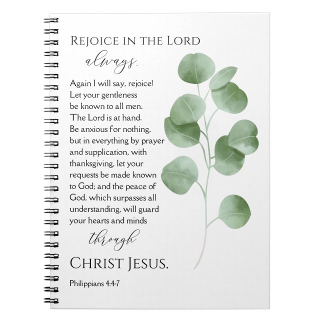 Philippians 4:4-7 Bible Verses Eucalyptus Leaves Notebook (Front)