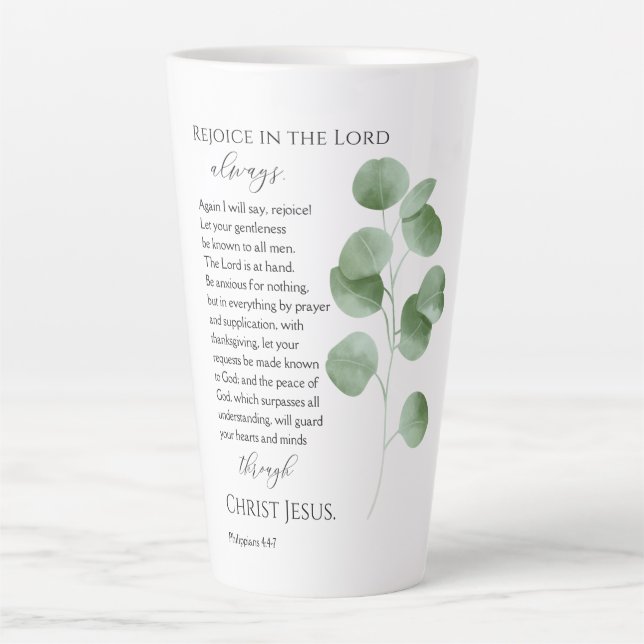 Philippians 4:4-7 Eucalyptus Leaf Bible Verse Latte Mug (Front)