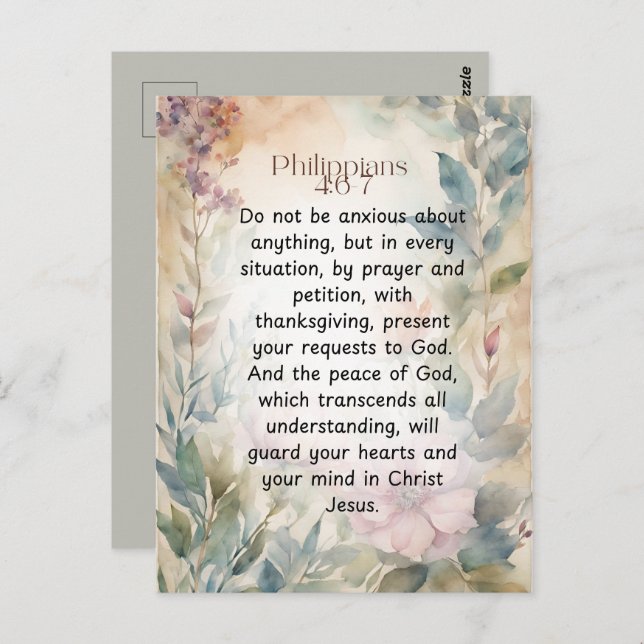Philippians 4:6-7 Christian Bible Verse Watercolor Postcard (Front/Back)