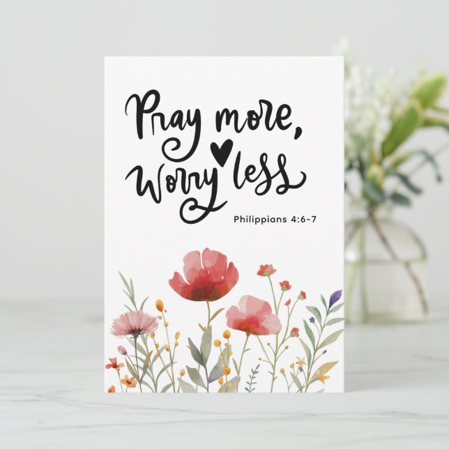 Philippians 4:6-7 Pray More Worry Less Bible Card (Standing Front)