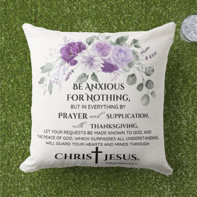 Philippians 4:6-7 Scripture Purple Flowers Cushion (Grass)