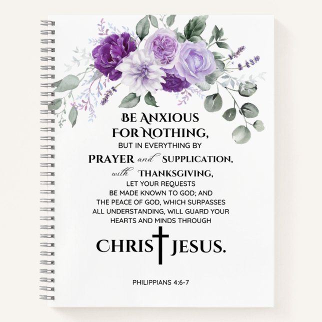 Philippians 4:6-7 Scripture Purple Flowers Notebook (Front)