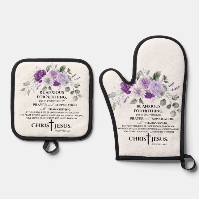 Philippians 4:6-7 Scripture Purple Flowers Oven Mitt & Pot Holder Set (Front)