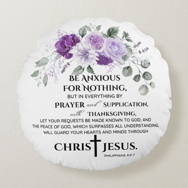 Philippians 4:6-7 Scripture Purple Flowers Round Cushion (Front)