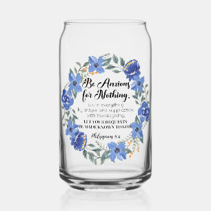 Philippians 4:6 Be Anxious for Nothing Blue Floral Can Glass