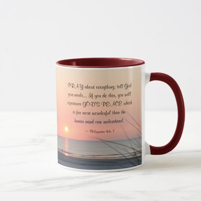 Philippians 4:6 Pray About Everything Ocean Sunset Mug (Right)