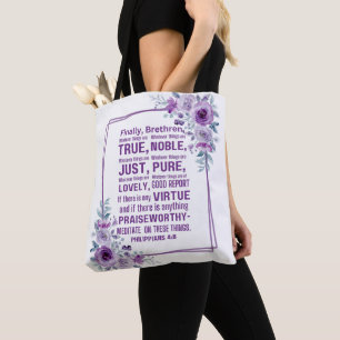Philippians 4:8 Noble Bible Verse Purple Rose Tote Bag