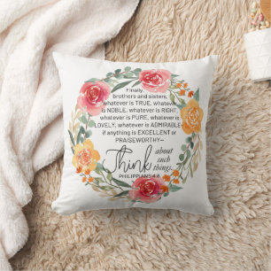 Philippians 4:8 Pink and Yellow Floral Wreath Cushion
