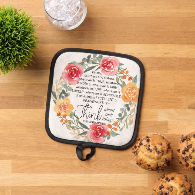 Philippians 4:8 Pink and Yellow Floral Wreath Pot Holder (Top Down)