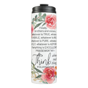 Philippians 4:8 Pink and Yellow Floral Wreath Thermal Tumbler