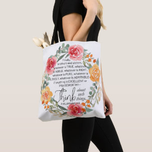 Philippians 4:8 Pink and Yellow Floral Wreath Tote Bag