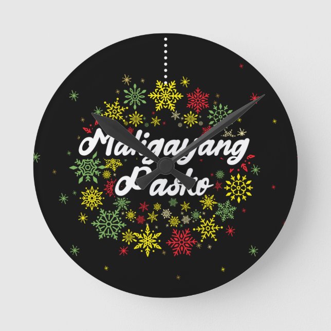 Philippines Christmas Maligayang Pasko Snowflakes Round Clock (Front)