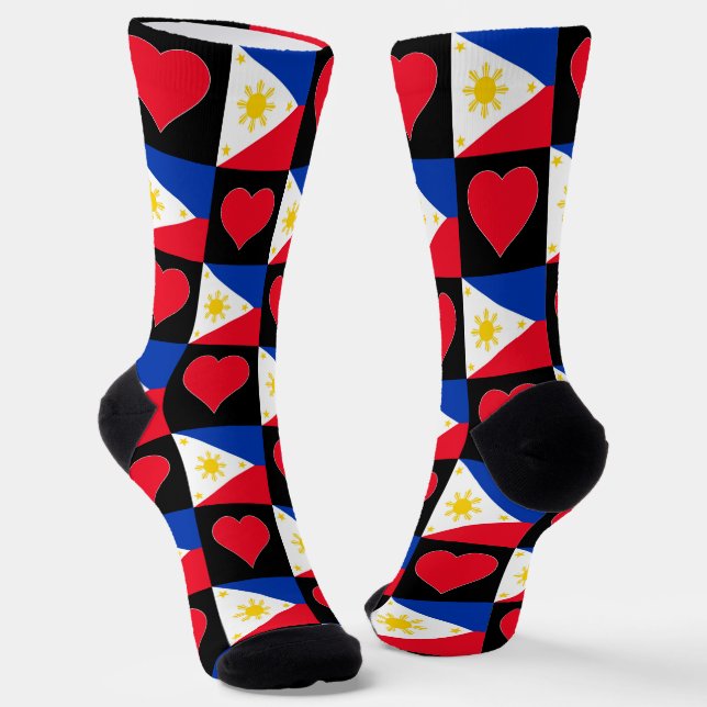 Philippines Flag Heart Pattern Fun Filipino Pride Socks (Angled)