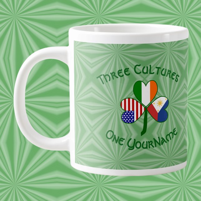 Philippines Ireland USA Shamrock Flag Personalised Large Coffee Mug (Giant mug featuring a Philippines‑Ireland‑USA shamrock on green squiggly squares.)