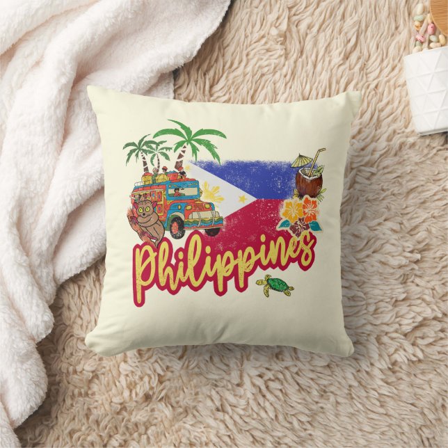 Philippines Vintage Tarsier Flag Palm Souvenir Cushion (Blanket)
