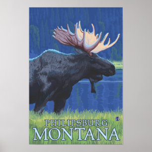 Philipsburg, MontanaMoonlight Moose Poster