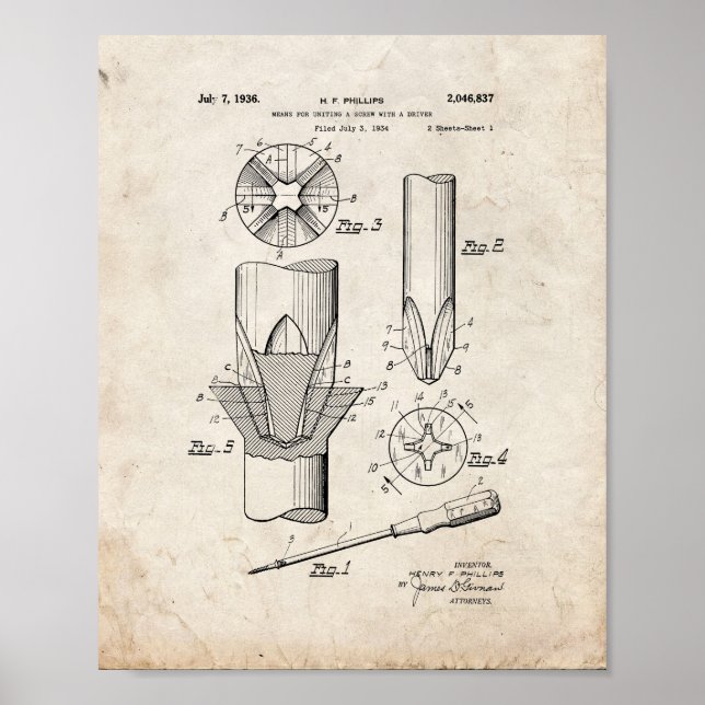Phillips head Screwdriver Patent - Old Look Poster (Front)