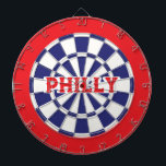 PHILLY Philadelphia White, Navy Blue And Red Dartboard<br><div class="desc">PHILLY Philadelphia White, Navy Blue And Red Coloured Dart Board Game Including 6 Brass Darts. You may edit text by selecting the personalisation option 🎯Please let me know if you have additional questions and because Zazzle's customer support handles the customer experience you may reach Zazzle customer support by chat, phone...</div>