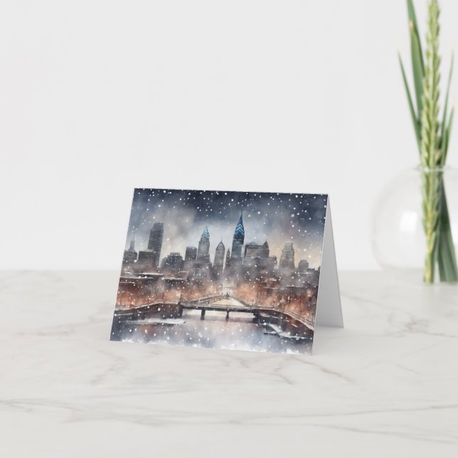 Philly Skyline Snowing Christmas Card  (Front)