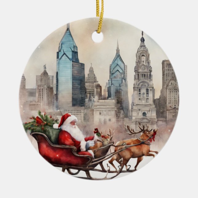 Philly Skyline with Santa & Reindeer Ceramic Ornament (Front)